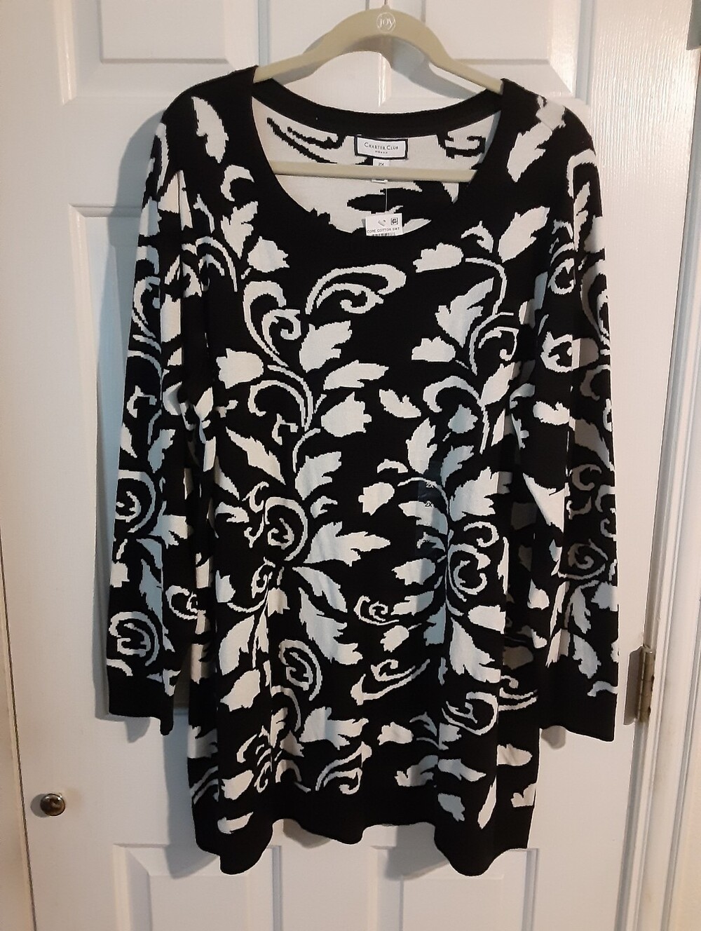 Charter Club Black and White Floral Tunic Length‎ Sweater Plus Size 2X New